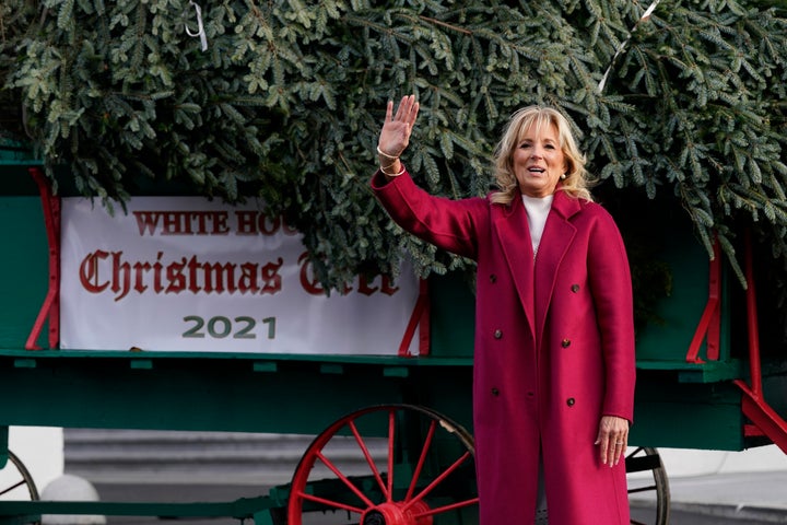 First lady Jill Biden receives the official White House Christmas Tree on Nov. 22.