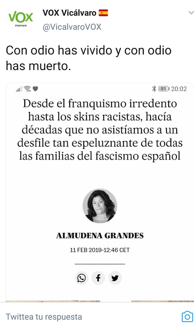 Tuit de Vox en Vicálvaro sobre Almudena