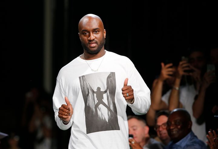 Fashion designer Virgil Abloh gives a thumbs up after the presentation of Off-White Men's Spring-Summer 2019 collection presented in Paris, Wednesday June 20, 2018. (AP Photo/Thibault Camus, File)