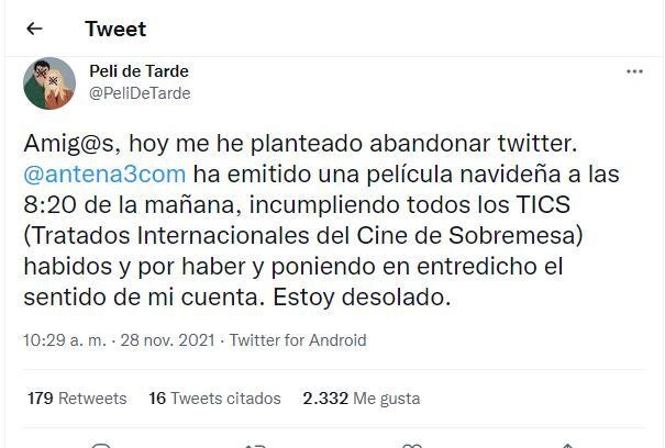 El tuit de @PeliDeTarde al que ha respondido Antena 3.