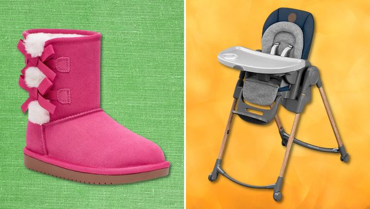 Products shown: Victoria faux shearling lined short boot and Maxi-Cosi 6-in-1 Minla high chair
