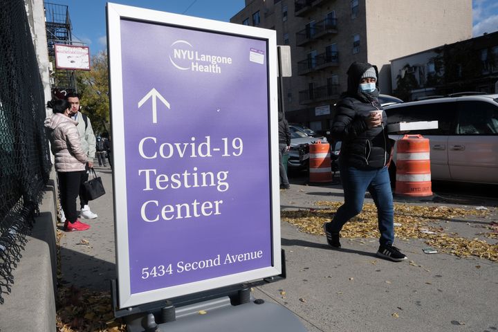 A sign outside a hospital points the way to COVID-19 testing in New York City on Nov. 19.