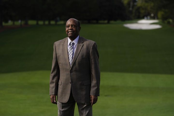 Elder poses for a picture on the first tee at the Masters golf tournament on Nov. 9, 2020, in Augusta, Ga. 