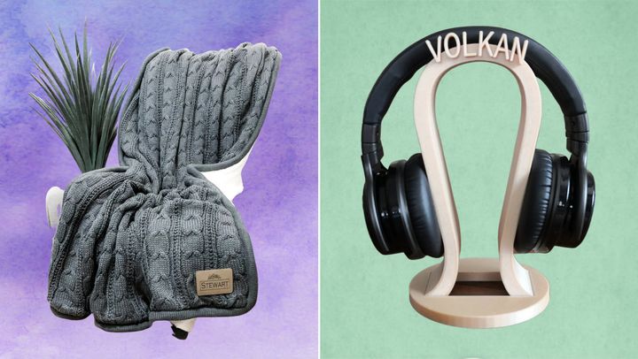 Products shown: heavyweight blanket and personalized headphone stand