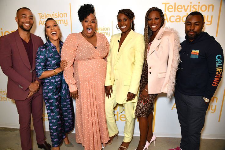 From left, Kendrick Sampson, Robin Thede, Natasha Rothwell, Issa Rae, Yvonne Orji and Prentice Penny are seen at an “Insecure” event in 2019.