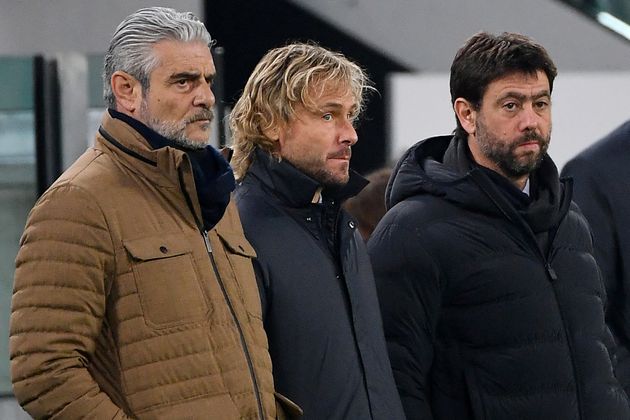 (FromL) Juventus' vice-president Pavel Nedved, Juventus's managing director Maurizio Arrivabene and Juventus'...