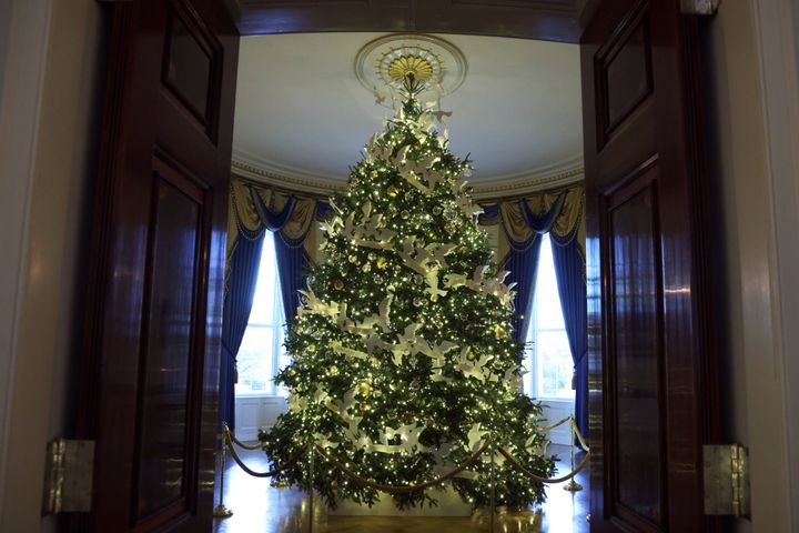 The official White House Christmas Tree stands in the Blue Room.