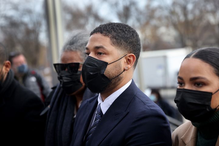 CHICAGO, ILLINOIS - NOVEMBER 29: Former "Empire" actor Jussie Smollett arrives at the Leighton Courts Building for the start of jury selection in his trial on November 29, 2021 in Chicago, Illinois. Smollett is accused of lying to police when he reported that two masked men physically and verbally attacked him, yelling racist and anti-gay remarks near his Chicago home in 2019. (Photo by Scott Olson/Getty Images)