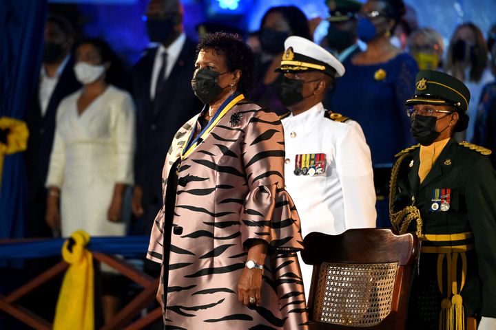 President Sandra Mason attends the presidential inauguration ceremony at Heroes Square on Nov. 30 in Bridgetown, Barbados.