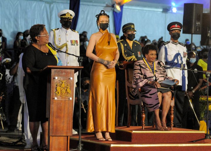 Barbados' Prime Minister Mia Mottley awards Rihanna with the honor of National Hero during a ceremony to declare Barbados a republic in Bridgetown, Barbados, Nov. 30.
