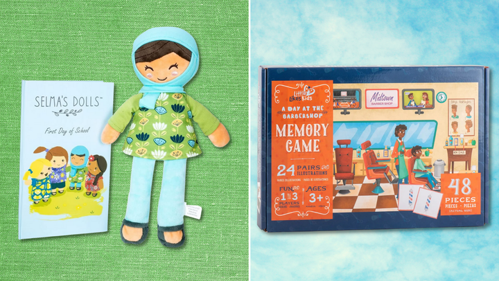 Products shown: Selma's Dolls Ameena doll and Little Likes Kids' A Day At The Barbershop Matching Game