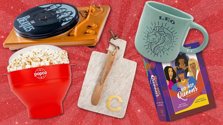 Products shown: vinyl coaster set, Popco popcorn popper, monogrammed serving board, zodiac mug, The Hip Hop Queens oracle deck