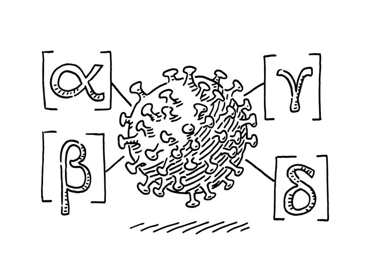 新型コロナウイルスのイラストとギリシャ文字。（アルファ、ベータ、ガンマ、デルタ）