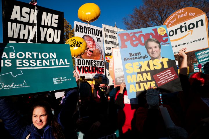Protesters, demonstrators and activists gather in front of the U.S. Supreme Court as the justices hear arguments in Dobbs v. Jackson Women's Health, a case about a Mississippi law that bans most abortions after 15 weeks, on December 01, 2021 in Washington, DC.