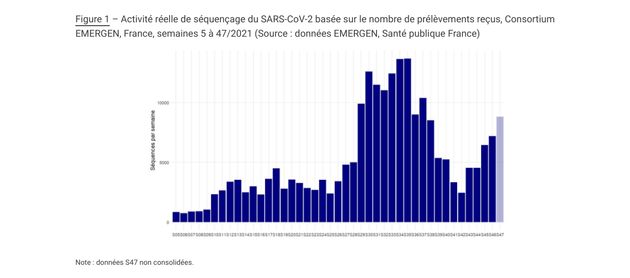 Activité réelle de séquençage du SARS-CoV-2 basée sur le nombre de prélèvements reçus, Consortium EMERGEN,