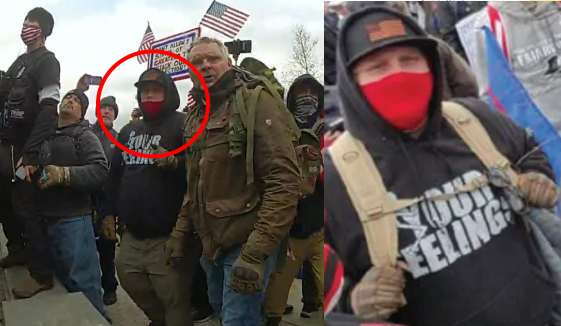 Russell James Peterson at the Capitol riot in a "(F**k) Your Feelings" sweatshirt.