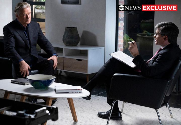 This image released by ABC News shows actor-producer Alec Baldwin, left, during an interview with “Good Morning America” co-anchor George Stephanopoulos. The hour-long interview about the fatal shooting on the set of Baldwin's film “Rust,” will air Thursday, Dec. 2 at 9 p.m. EST on ABC.