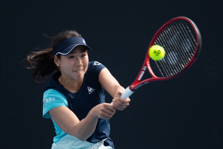 MELBOURNE, Jan. 21, 2020 -- Hibino Nao of Japan hits a return to Peng Shuai of China during their women's singles first round match at the Australian Open tennis championship in Melbourne, Australia on Jan. 21, 2020. (Photo by Bai Xue/Xinhua via Getty) (Xinhua/Bai Xue via Getty Images)