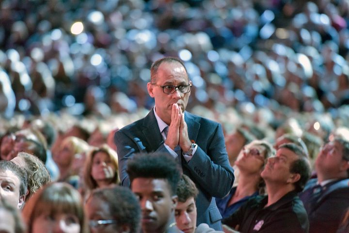 Fred Guttenberg watches a monitor honoring the 17 students and teachers who were killed at Marjory Stoneman Douglas High School during a CNN town hall meeting on Wednesday, Feb. 21, 2018, in Sunrise, Florida.