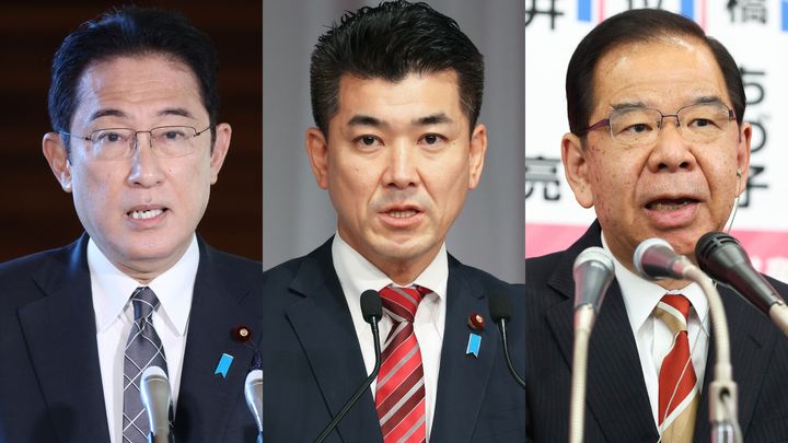 （左から）岸田文雄首相、立憲民主党の泉健太代表、共産党の志位和夫委員長