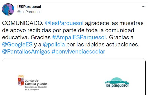 Comunicado emitido por IES Parquesol en su cuenta de Twitter tras el
