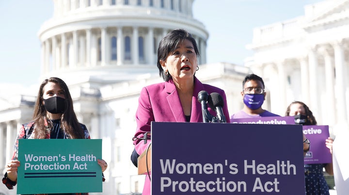 Rep. Judy Chu (D-Calif.) speaks at an event on behalf of the over 400,000 people who signed petitions to urge the Senate to protect abortion rights at an event outside of the U.S Capitol Building on Sept. 29.