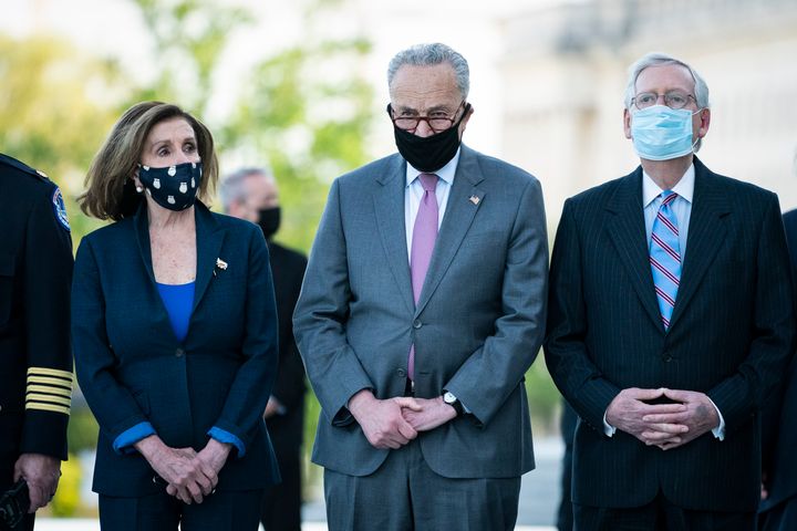 House Speaker Nancy Pelosi (D-Calif.), Senate Majority Leader Chuck Schumer (D-N.Y.) and Senate Minority Leader Mitch McConnell (R-Ky.) at the U.S. Capitol in April. The possibility of a government shutdown looms large as Congress navigates a government spending bill. 