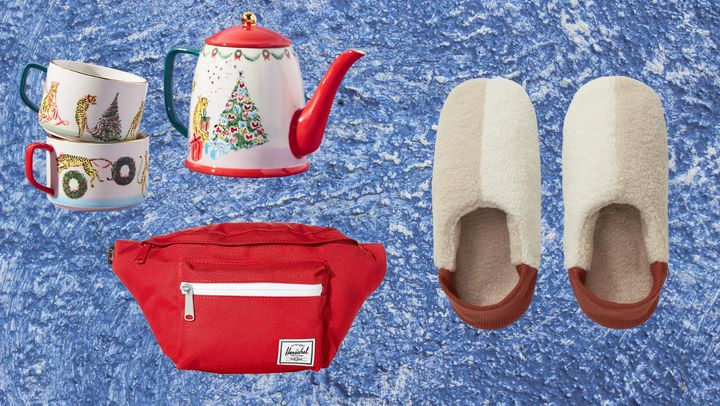From left to right: Anthropologie tea set, Herschel waist bag from Amazon, Brooklinen slippers.