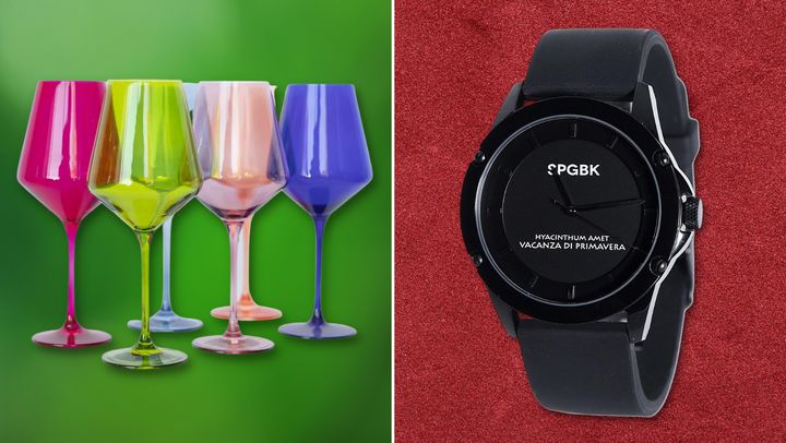 Products shown: Estelle Colored Glass mixed stemware set and Springbreak's Bordeaux watch