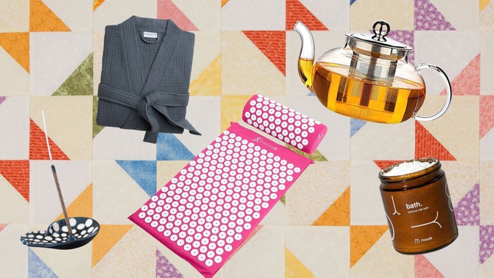Clockwise from left to right: <a href="https://go.skimresources.com/?id=38395X987171&xs=1&xcust=alonegifts-griffinwynne-120221-&url=https%3A%2F%2Fwww.parachutehome.com%2Fproducts%2Frobe-cloud-cotton%3Fopt-color%3Ddusk" target="_blank" role="link" rel="sponsored" class=" js-entry-link cet-external-link" data-vars-item-name="Cotton robe from Parachute" data-vars-item-type="text" data-vars-unit-name="61a8d53ae4b0ae9a42b91a4e" data-vars-unit-type="buzz_body" data-vars-target-content-id="https://go.skimresources.com/?id=38395X987171&xs=1&xcust=alonegifts-griffinwynne-120221-&url=https%3A%2F%2Fwww.parachutehome.com%2Fproducts%2Frobe-cloud-cotton%3Fopt-color%3Ddusk" data-vars-target-content-type="url" data-vars-type="web_external_link" data-vars-subunit-name="article_body" data-vars-subunit-type="component" data-vars-position-in-subunit="0">Cotton robe from Parachute</a>, <a href="https://www.amazon.com/Hiware-Stainless-Borosilicate-Stovetop-Blooming/dp/B00ZOLU1VI?tag=griffinwynne-20&ascsubtag=61a8d53ae4b0ae9a42b91a4e%2C-1%2C-1%2Cd%2C0%2C0%2Chp-fil-am%3D0%2C0%3A0%2C0%2C0%2C0" target="_blank" role="link" data-amazon-link="true" rel="sponsored" class=" js-entry-link cet-external-link" data-vars-item-name="loose-leaf tea set from Amazon" data-vars-item-type="text" data-vars-unit-name="61a8d53ae4b0ae9a42b91a4e" data-vars-unit-type="buzz_body" data-vars-target-content-id="https://www.amazon.com/Hiware-Stainless-Borosilicate-Stovetop-Blooming/dp/B00ZOLU1VI?tag=griffinwynne-20&ascsubtag=61a8d53ae4b0ae9a42b91a4e%2C-1%2C-1%2Cd%2C0%2C0%2Chp-fil-am%3D0%2C0%3A0%2C0%2C0%2C0" data-vars-target-content-type="url" data-vars-type="web_external_link" data-vars-subunit-name="article_body" data-vars-subunit-type="component" data-vars-position-in-subunit="1">loose-leaf tea set from Amazon</a>, <a href="https://shareasale.com/r.cfm?b=999&u=2986930&m=83239&afftrack=alonegifts-griffinwynne-120221-&urllink=getmaude.com%2Fcollections%2Fbath%2Fproducts%2Fbath" target="_blank" role="link" rel="sponsored" class=" js-entry-link cet-external-link" data-vars-item-name="bath soak from Maude" data-vars-item-type="text" data-vars-unit-name="61a8d53ae4b0ae9a42b91a4e" data-vars-unit-type="buzz_body" data-vars-target-content-id="https://shareasale.com/r.cfm?b=999&u=2986930&m=83239&afftrack=alonegifts-griffinwynne-120221-&urllink=getmaude.com%2Fcollections%2Fbath%2Fproducts%2Fbath" data-vars-target-content-type="url" data-vars-type="web_external_link" data-vars-subunit-name="article_body" data-vars-subunit-type="component" data-vars-position-in-subunit="2">bath soak from Maude</a>, <a href="https://www.amazon.com/ProsourceFit-Acupressure-Pillow-Body-positioner/dp/B08FY8ZHTF?tag=griffinwynne-20&ascsubtag=61a8d53ae4b0ae9a42b91a4e%2C-1%2C-1%2Cd%2C0%2C0%2Chp-fil-am%3D0%2C0%3A0%2C0%2C0%2C0" target="_blank" role="link" data-amazon-link="true" rel="sponsored" class=" js-entry-link cet-external-link" data-vars-item-name="acupressure mat from Amazon" data-vars-item-type="text" data-vars-unit-name="61a8d53ae4b0ae9a42b91a4e" data-vars-unit-type="buzz_body" data-vars-target-content-id="https://www.amazon.com/ProsourceFit-Acupressure-Pillow-Body-positioner/dp/B08FY8ZHTF?tag=griffinwynne-20&ascsubtag=61a8d53ae4b0ae9a42b91a4e%2C-1%2C-1%2Cd%2C0%2C0%2Chp-fil-am%3D0%2C0%3A0%2C0%2C0%2C0" data-vars-target-content-type="url" data-vars-type="web_external_link" data-vars-subunit-name="article_body" data-vars-subunit-type="component" data-vars-position-in-subunit="3">acupressure mat from Amazon</a>, <a href="https://go.skimresources.com/?id=38395X987171&xs=1&xcust=alonegifts-griffinwynne-120221-&url=https%3A%2F%2Fwww.lunasundara.com%2Fcollections%2Fnatural-hand-rolled-incense%2Fproducts%2Fpremium-myrrh-hand-rolled-incense-sticks-from-100-wild-peruvian-myrrh" target="_blank" role="link" rel="sponsored" class=" js-entry-link cet-external-link" data-vars-item-name="incense from Luna Sundara." data-vars-item-type="text" data-vars-unit-name="61a8d53ae4b0ae9a42b91a4e" data-vars-unit-type="buzz_body" data-vars-target-content-id="https://go.skimresources.com/?id=38395X987171&xs=1&xcust=alonegifts-griffinwynne-120221-&url=https%3A%2F%2Fwww.lunasundara.com%2Fcollections%2Fnatural-hand-rolled-incense%2Fproducts%2Fpremium-myrrh-hand-rolled-incense-sticks-from-100-wild-peruvian-myrrh" data-vars-target-content-type="url" data-vars-type="web_external_link" data-vars-subunit-name="article_body" data-vars-subunit-type="component" data-vars-position-in-subunit="4">incense from Luna Sundara.</a>