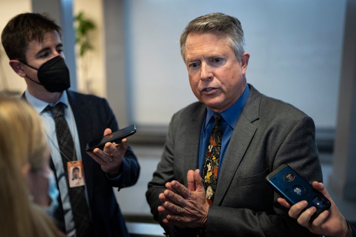 Sen. Roger Marshall (R-Kan.) talks with reporters on his way to a vote at the U.S. Capitol on Dec. 2 in Washington, D.C. With a deadline at midnight on Friday, congressional leaders are working to pass a continuing resolution to fund the government and avoid a government shutdown.