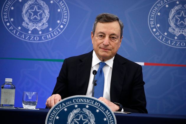 Italian Prime Minister Mario Draghi during the press conference at the end of the Council of Ministries...