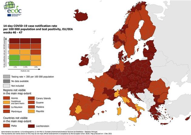 Último mapa epidemiológico de la UE en base a la incidencia acumulada a 14 días y la tasa de positividad...