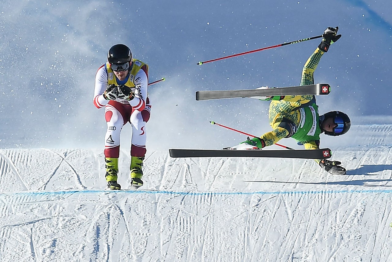 Germany's Tobias Mueller falls during the FIS Ski Cross World Cup 2022, part of a 2022 Beijing Winter Olympic Games test event in China's Hebei province on Saturday.