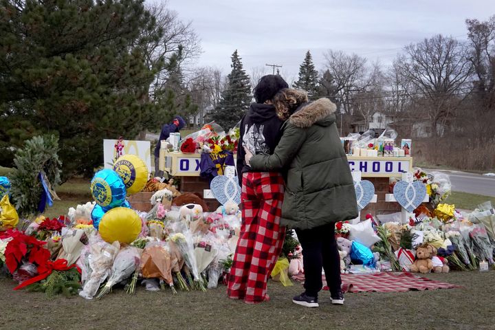 A memorial outside of Oxford High School continues to grow on Dec. 3, 2021, after four students were killed and seven others injured on Nov. 30, when student Ethan Crumbley allegedly opened fire with a pistol at the school. 