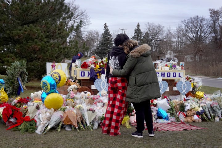 A memorial outside of Oxford High School continues to grow on Dec. 3, 2021, after four students were killed and seven others injured on Nov. 30, when student Ethan Crumbley allegedly opened fire with a pistol at the school.