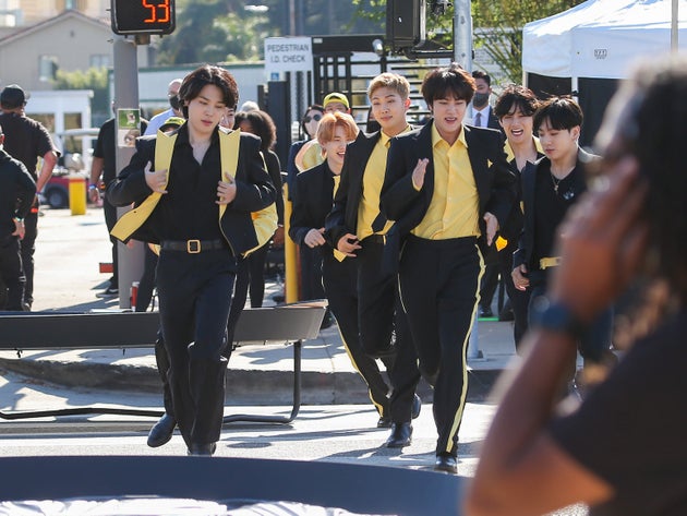 LOS ANGELES, CA - NOVEMBER 23: Jimin, Suga, RM, Jin, V and Jungkook of the K-Pop band BTS are seen filming...