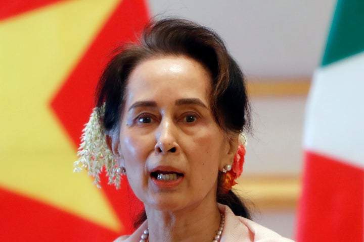Aung San Suu Kyi speaks during a press conference in Naypyitaw, Myanmar on Dec. 17, 2019.