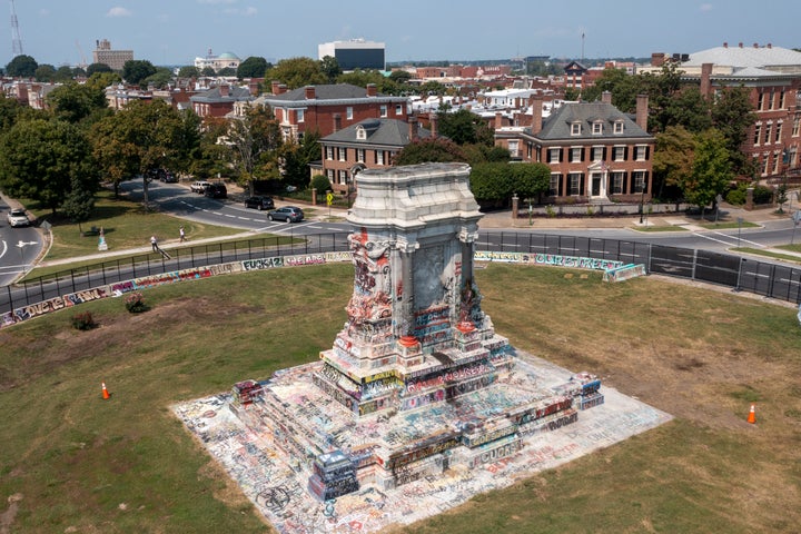The pedestal that once held the statue of Confederate General Robert E. Lee stands empty on Monument Avenue in Richmond, Va., on Sept. 14, 2021.