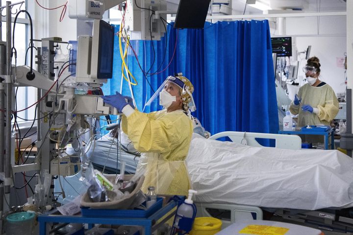 Nurses caring for Covid-19 patients in the Intensive Care Unit (ICU) in St George's Hospital in Tooting, south-west London. 