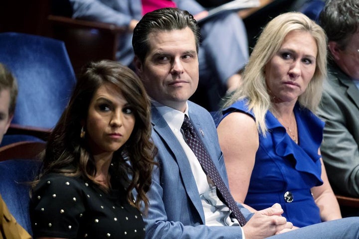 From left, Rep. Lauren Boebert, R-Colo., Rep. Matt Gaetz, R-Fla., and Rep. Marjorie Taylor Greene, R-Ga., attend the House Judiciary Committee oversight hearing of the United States Department of Justice with testimony from Attorney General Merrick Garland, Oct. 21 on Capitol Hill in Washington.