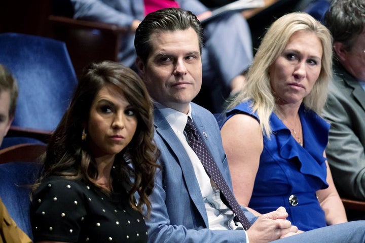 From left, Rep. Lauren Boebert, R-Colo., Rep. Matt Gaetz, R-Fla., and Rep. Marjorie Taylor Greene, R-Ga., attend the House Judiciary Committee oversight hearing of the United States Department of Justice with testimony from Attorney General Merrick Garland, Oct. 21 on Capitol Hill in Washington. 