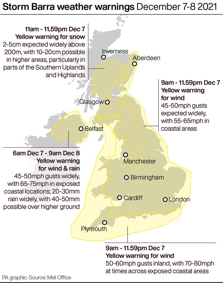 Storm Barra weather warnings for December 7 and 8