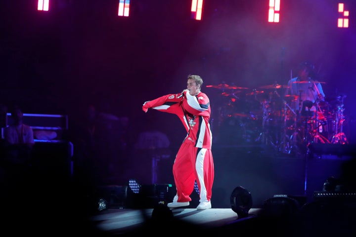 Canadian pop star Justin Bieber performs at a concert marking the end of the Formula One, in Jiddah, Saudi Arabia, Sunday, Dec. 5, 2021. (AP Photo/Amr Nabil)