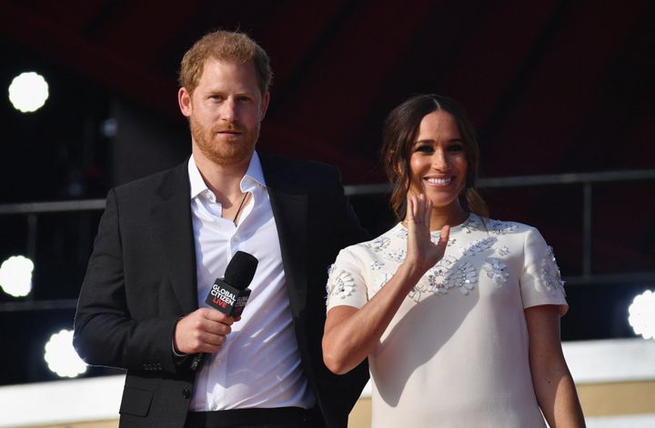 Prince Harry and Meghan Markle speak during the 2021 Global Citizen Live festival at the Great Lawn, Central Park in New York City in September.