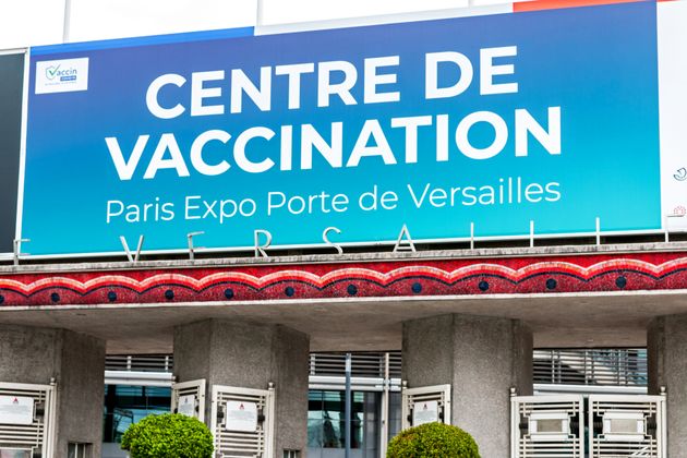 Vaccinodrome in France : entrance sign of covid-19 vaccination center, in Paris, porte de Versailles....