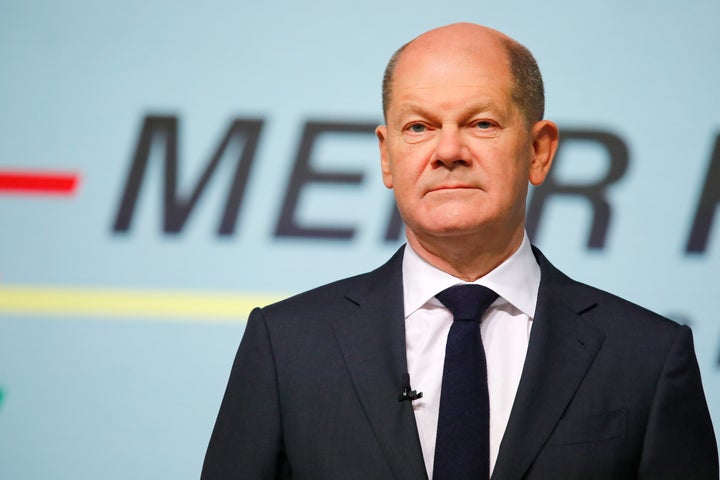 Olaf Scholz of the German Social Democrats (SPD) attends the coalition agreement signing ceremony between the three parties after they all signed it on Dec. 7, 2021 in Berlin, Germany.