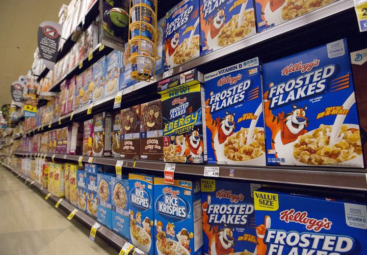 Various types of Kellogg's cereals are pictured at a Ralphs grocery store in Pasadena, California, on Aug. 3, 2015.