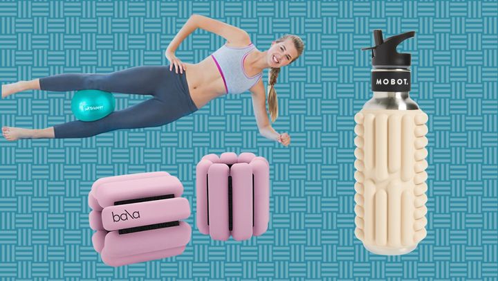 Left to right: A Trideerpilates ball from Amazon, Bala ankle weights from Amazon, and a Mobot water bottle from Nordstrom.