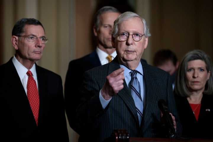 Senate Minority Leader Mitch McConnell (R-Ky.) speaks to reporters about the progress of negotiations with Senate Majority Leader Chuck Schumer (D-N.Y.) to vote on legislation to lift the debt ceiling.